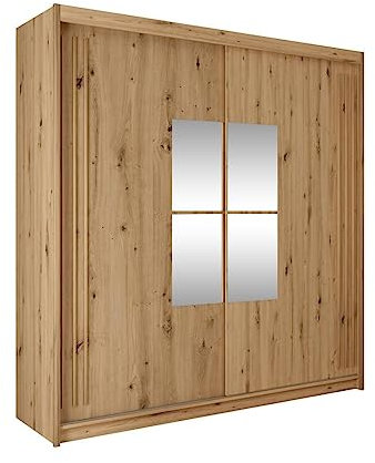 BETTSO -Schwebetürenschrank mit Spiegel Kleiderschrank mit Kleiderstange und Einlegeboden Schlafzimmer- Wohnzimmerschrank Schiebetüren Modern Design-MAJKA (Eiche Wotan, 203 cm)