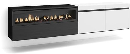 Skraut Home | Meuble TV | Banc Télé | Grand Espace de Rangement | 200x45x35cm | pour Les TV jusqu'à 80 | Cheminée électrique | Suspendu, Mural | Style Moderne | Blanc et Noir