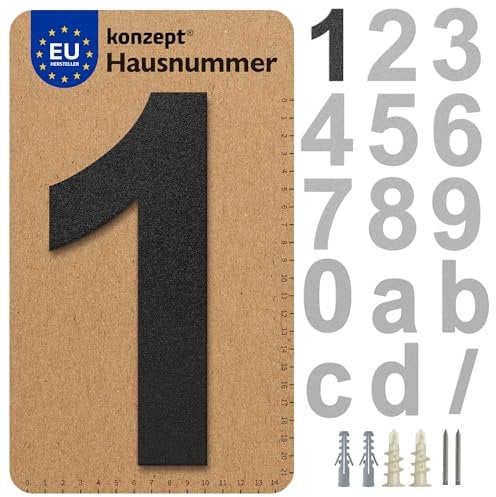 KONZEPT Hausnummer in Schwarz, Nummer 1, für Tür, Gebäude, Zimmer, aus massiven Stahl, mit witterungsbeständiger Zink- und Pulverbeschichtung