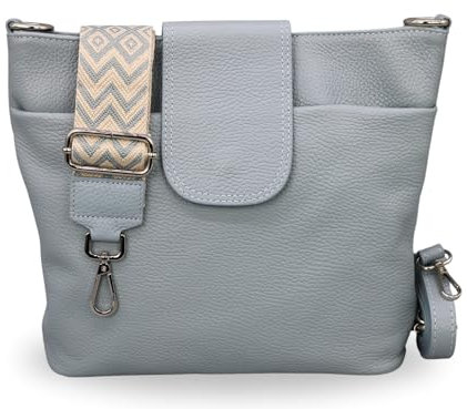 BRISE Umhängetasche Damen Echtes Leder ELLIE Handgemachte Crossbody Bag mit Ledergurt + Optionalen Breiten Gemusterten Riemen 6 Fächer Wasserdichte Schultertasche Made in Italy (Hellblau - 2)