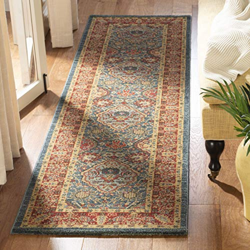 SAFAVIEH Traditionell Teppich für Wohnzimmer, Esszimmer, Schlafzimmer - Mahal Collection, Kurzer Flor, Marineblau und Rot, 62 x 640 cm