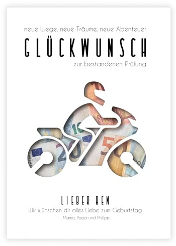 Personalisiertes Geldgeschenk „Führerschein MOTORRAD, Plot, konturgeschnitten, bestandene Prüfung, Mofa, Roller, Motorrad, Glückwunsch, Motorradfahren, Karte, Gratulieren, Fahrschule bestanden