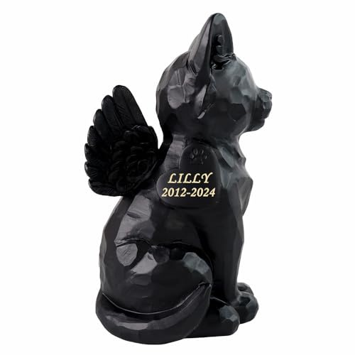Personalisierte Schwarze Katzen-Engel-Gedenkstatue, Haustier-Grabmarker, Tribut-Statue Mit Urne, Eigenschaften: 18,8 cm (H)