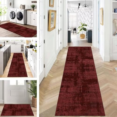 ZUZEKU Abstrakte Läufer Flur Küche Waschbar rutschfest 60X400cm Vintage Rot Lang Küchenteppich Flurteppich Teppich Fur Korridor Wohnzimmer Schlafzimmer Meterware Anpassbar