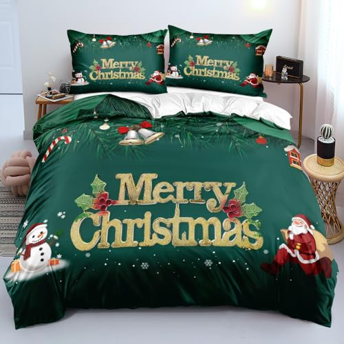 Luowei Bettwäsche Weihnachten 200x200 Weihnachts Grün Gold 3D Weihnachten Bettwäsche Weich Christmas Bettwäsche 3 Teilig für Jugendliche Jungen Kinder mit Reißverschluss und 2 Kissenbezüge 80x80 cm