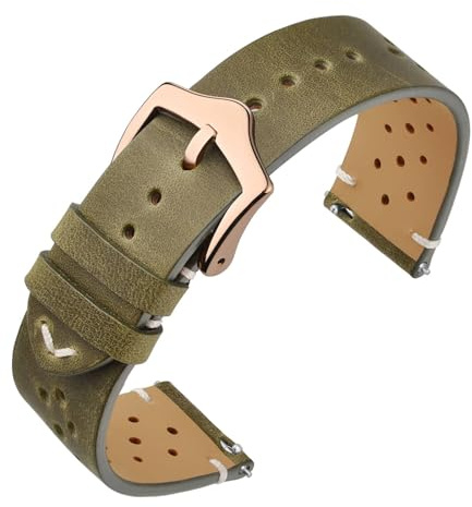 ANNEFIT Bracelets de Montre en Cuir Rétro à Dégagement Rapide, Bracelet de Remplacement 18mm avec Boucle Or Rose (Vert)
