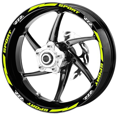 Pimastickerslab Set Completo Adesivi Strisce Cerchi Ruote Moto 17 Pollici Bandiera Scacchi Scacchiera Filetto Cerchioni Gomme Sport Stickers Strips Universale RT0033 (029 Giallo Fluo)