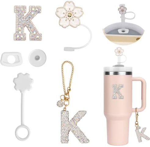 6PCS Personalisierte Tumbler Zubehör für Stanley Cup,Stroh Cover,Initialen Dekorationen für Tumbler,Buchstaben Aufkleber,Buchstaben Charm und Leck Stopper für Stanley Cup (K)