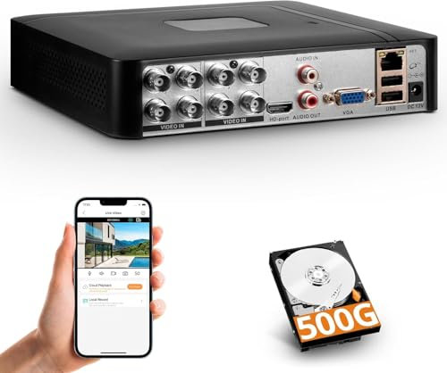 Überwachung DVR 8-Kanal H.265+ Sicherheits-Video-Recorder mit 500 GB HDD, Hybrid 5-in-1 CCTV DVR für IPC/AHD/TVI/XVI/CVI-Kameras, DVR für Sicherheitskamera-Überwachungssystem für zu Hause(P-System)