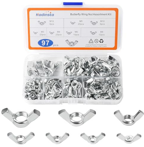 Nadinsta 97pcs Metric Butterfly Wing Nuts Assorted, Wing Nuts Assortment Kit M3/M4/M5/M6/M8/M10/M12, Hand Twist Tighten Nut for Machinery Electronic Equipment