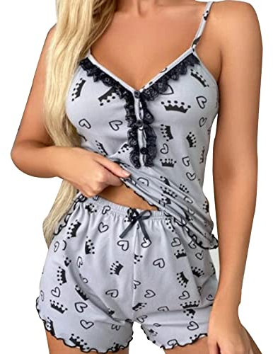 Pigiama Donna Estivo in Raso Set di Vestiti per la casa con Bretelle di Latte triturato in di Ghiaccio con Stampa Love da Donna Set Stampato con Pigiama Donna Pigiama Donna Cotone Leggero (Grey, M)
