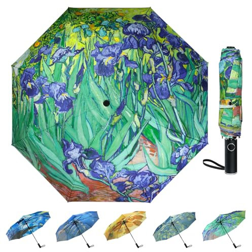 Van Gogh Regenschirm, hübsche Regenschirme für Damen und Herren, Damen-Regenschirme für Regen, automatische Faltschirme zum Öffnen und Schließen (Irises)