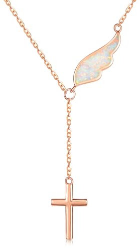 KINGWHYTE Opal Engelsflügel Halskette 925 Sterling Silber Kreuz Kette für Frauen Flügel Quaste Anhänger Rose Gold Plated Schmuck Geschenke für Frauen Mädchen Mutter Tochter