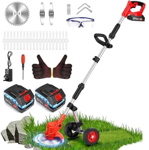 Rasentrimmer mit Akku, 21V Akku Rasenmäher Elektro mit 2 Akkus, 3 Arten von Klingen & Verstellbares Rädern, Freischneider Akku, Rasenkantenschneider, Elektro-Trimmer für Hof, Garten