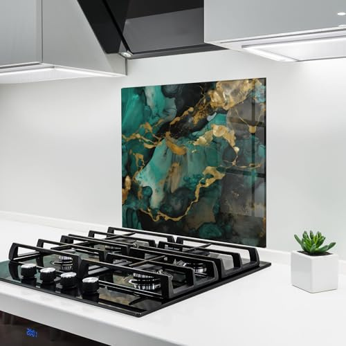 ARTHUB® Glass Kitchen Splashback 60x60 cm, Tempered Glass 4mm | Heat Resistant, Stove Splash Guard, Wall Protector, Abstract, Dark Green Golden Marble