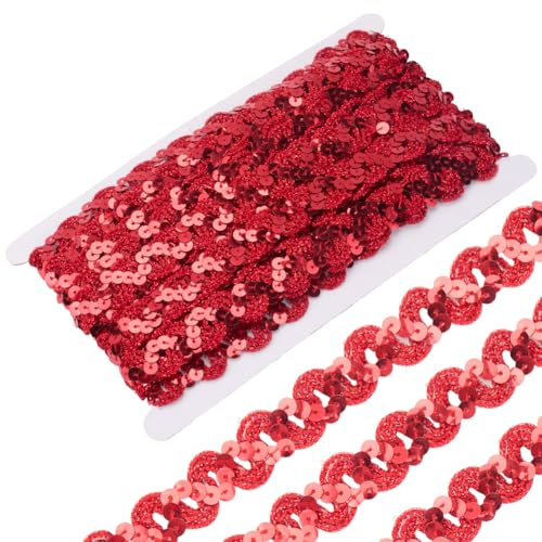 CABODYALS 11 m Rotes Paillettenbesatzband Gewellte Polyester Paillettenrollen Glitzernde Flache Runde Perlenstreifen Glitzer Paillettenbänder Zum Nähen Herstellen von Weihnachtsdekorationen Verzierung