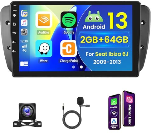 Hikity 2+64GB Android 15 Autoradio für Seat Ibiza 6J 2009-2013 Radio Carplay Android Auto Wireless, 9 Inch IPS Touch Screen Radio mit Rückfahrkamera, Bluetooth, Navi, WiFi, DSP, EQ, Mirror Link FM RDS