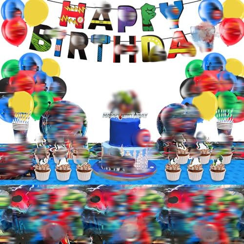 107 Stück Geburtstagsdeko Junge Geburtstag, Tableware Partygeschirr Kindergeburtstag, Party Geschirr Kit mit Ballon Papptelle Servietten Strohhalme für Junge und Mädchen 10 Gäste