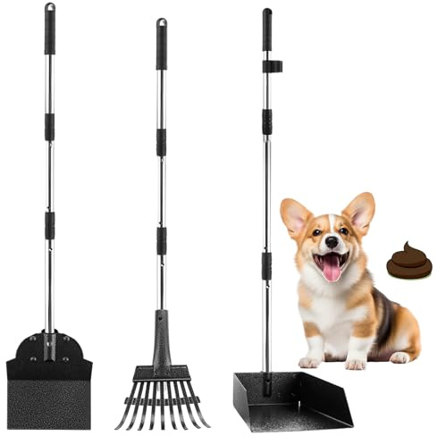 GBACHOOSE 3 Stück Hundekotschaufel, Hundekotsammler Langer Griff, Dog Pooper Scooper und Harke Metall Rechen Kehrschaufel, Hundekot Scooper für Garten