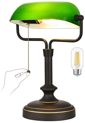 Lampe de bureau Banker verte - Ombre en verre réglable - Lampe vintage avec interrupteur à chaîne pour la maison et le bureau - Lampe de piano - Ampoule LED 6 W incluse