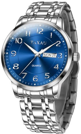 Taxau Silber Wasserdicht Edelstahl Armbanduhr für Männer - Luxus Business Multifunktions Leuchtend Mit Datum Geschenk