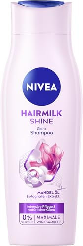 NIVEA Hairmilk Shine Glanz Shampoo (250 ml), Pflegeshampoo ohne Silikone* für trockene Haare mit Mandelöl & Magnolien-Extrakt, Haarshampoo pflegt und regeneriert intensiv