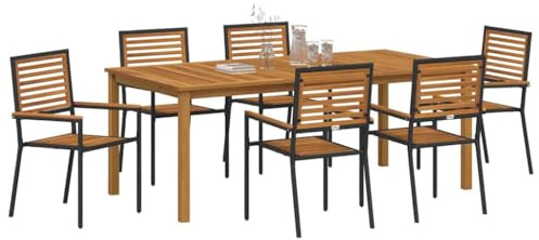 vidaXL 7-teiliges Garten-Esszimmer-Set in Schwarz und Naturholz. Der Außentisch kommt mit stapelbaren Stühlen und ist perfekt für Sommerfeste. Ideal für Terrasse, Lounge und Wintergarten.