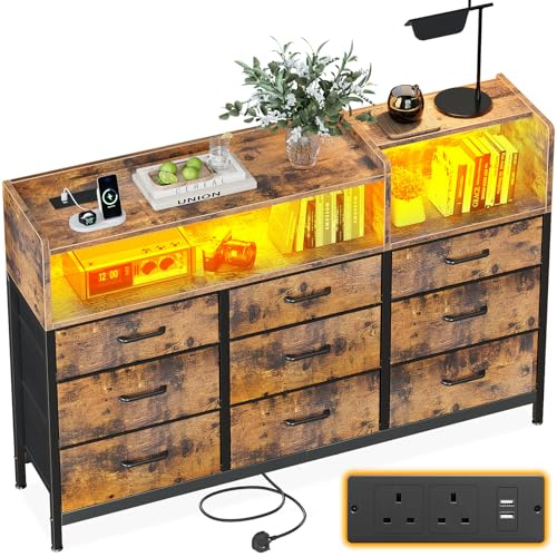 ODK Chest of Drawers Bedroom, 9 Fabric Drawers, Vintage, 130 x 30 x 97cm | Dresser Cabinet with 2 Sockets, 2 USB Ports and 10 Colored LED Strips, Chest Drawers with Shelf for Bedroom Living Room