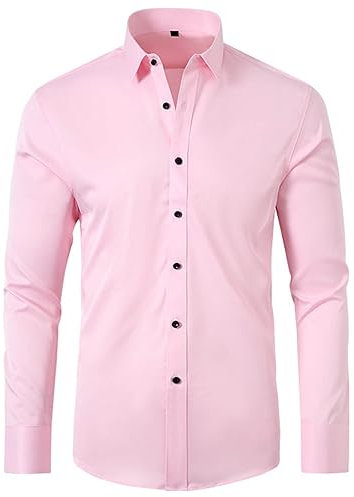 UHouse Chemise Homme Coton Casaul Vetement Manches Longues Habillée Haut Décontracté Chemises Leger Tunique Respirant vêtement Fin Cut Button Down Shirt Warehouse Rose L