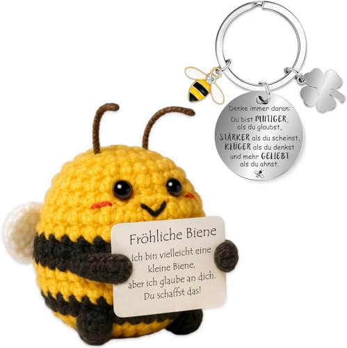 Farbeele Fröhliche Biene und Glücksbringer-Schlüsselanhänger, Einschulung Geschenk, Pocket Hug Positive Figur, MutmacherGeschenk, Glücksbringer Prüfung, Geburtstagsgeschenk