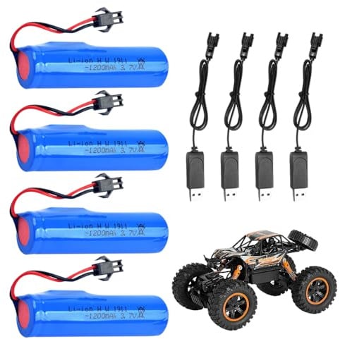 3.7V RC Akku, 4 Stück 1200mah Li-ion Battery with USB Chargers SM-2P Plug | Li-ion Akku für RC-Autos, Panzer, Buggys, Boote, Roboter