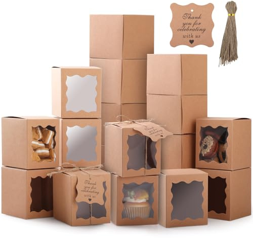 GeeRic 20 Stück Kraftpapier Box mit Sichtfenster, Weihnachtskeks-Keksbox (8.5 * 8.5 * 10CM), Backwaren Backen Süßigkeitenboxen