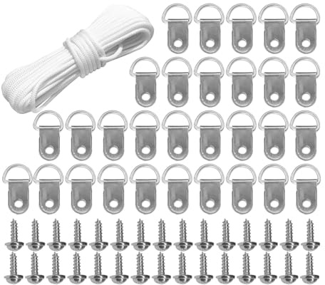 HONRIGO 30M x 2mm Durable Nylon Picture Hanging Cord, White Hang Frame Wire with 30 D-Ring Hooks & 40 Screws