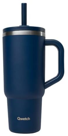 QWETCH - Travel Cup Isotherme - Inox Recyclé Bleu Nuit - Mug Isotherme Tumbler Thermos Gourde Avec Paille Rabattable Étanche, Anse, Porte-Gobelet, Bureau, Sport, Cup Isotherme, 900 ml