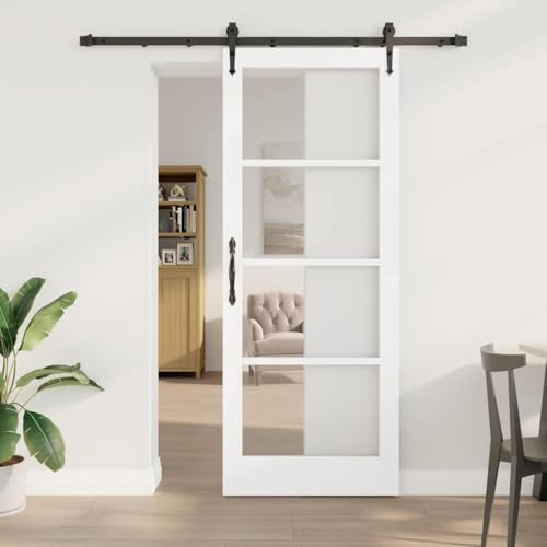 Tonture Puerta corredera blanca 83 x 211 cm madera maciza de pino y cristal interior con mecanismo deslizante, ahorro de espacio, deslizamiento silencioso, estilo moderno, marco duradero, cristal
