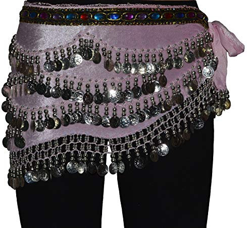Tanzbekleidung & Accessories Bauchtanz Münzgürtel Samt Hüfttuch Belly Dance Bauchtanzgürtel Karneval Münzen (Rosa mit silbernen Münzen)
