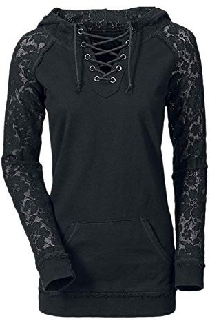 Frauen Locker Spitzen Ran Lange Ärmel V-Ausschnitt Mit Kreuzgurte Hoodies Young Fashion Sweatshirts Kapuzenpullover Mit Taschen Tops (Color : Schwarz, Size : L)