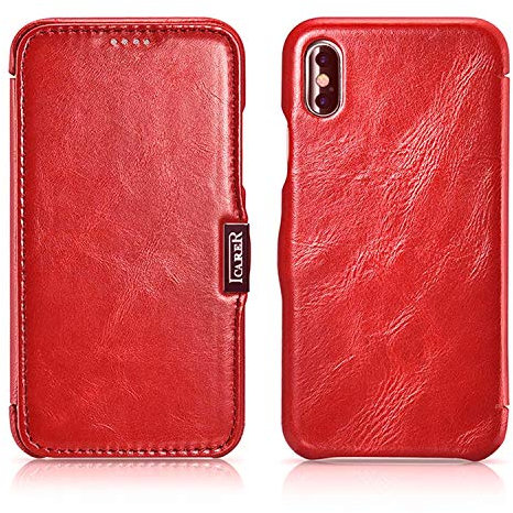 ICARER Hülle passend für Apple iPhone XS und iPhone X, Handyhülle mit echtem Leder, Case, Schutz-Hülle klappbar, dünne Handytasche, Slim Cover, Vintage Rot