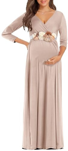 KIM S Umstands-Maxikleid mit Blumenschärpe (S-3XL) / gewickelter gerüschter V-Ausschnitt für Fotoshootings, Babypartys, Ltmocha, Mittel