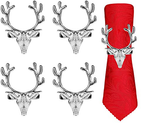 VALICLUD 4Pcs Weihnachten Hirsch Serviettenringe Rentier Serviette Schnallen Legierung Weihnachten Elch Kopf Serviette Schnalle Weihnachten Tischdekoration (Silber)