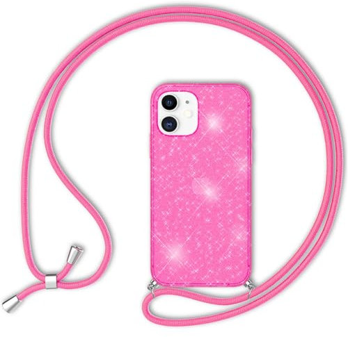 NALIA Neon Glitzerhülle mit Kette kompatibel mit iPhone 12 Mini Hülle, Durchsichtige Glitzer Silikon Handyhülle & Handy-Schnur, Slim Glitter Case Bling Cover & Umhänge-Band, Farbe:Pink Glitzer