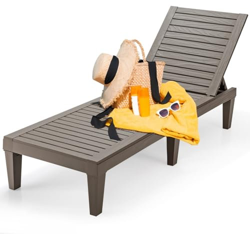 GYMAX Sonnenliege mit 5-Fach Verstellbarer Rückenlehne, Gartenliege aus Kunststoff, Liegestuhl bis 180 kg belastbar, mit 6 Stützfüßen, wetterfest, für Garten, Terrasse, Balkon, Strand (Braun)