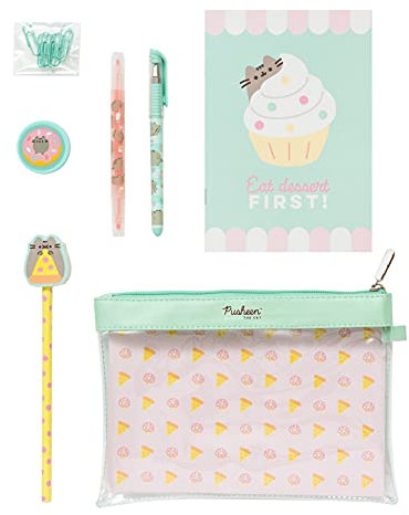 Grupo Erik Super Schreibwaren Set Pusheen Foodie - Stiften und Bleistift mit Radiergummi Topper - Federmäppchen Groß - Büroklammern - Spitzer - Notizzettel, SSGP001
