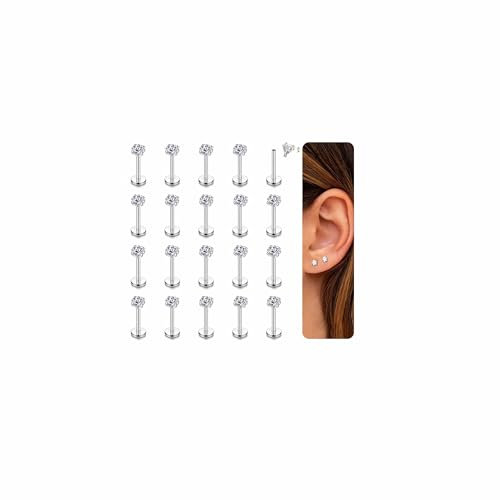 CASSIECA 16G 20Pcs Piercing Ohr Silber Helix Piercings Chirurgenstahl Piercing Ohr Conch Piercing Nasenpiercing Tragus Piercing Lippenpiercing Labret Piercing Studs 10mm für Frauen Männer