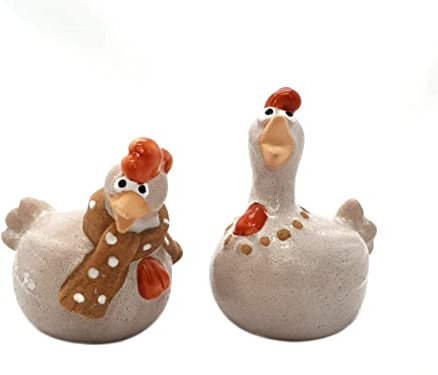 meindekoartikel 2er-Set Lustige Hühner aus Keramik Dekofigur Ostern Frühling Sortiert (Beige/Braun) B6xH8xT6cm