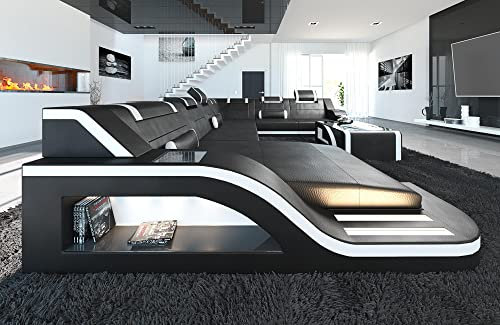 XXL Sofa Wohnlandschaft Palermo Ledersofa U Form - mit LED Beleuchtung, verstellbare Kopfstützen, Recamiere/Lederfarben wählbar/Ausrichtung wählbar (Ottomane Links, Schwarz-Weiß)