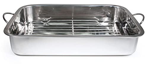 Tradineur - Bandeja de horno de acero inoxidable con grill y asas abatibles, fuente rectangular para asar con rejilla, rustidera de cocina, 30 cm