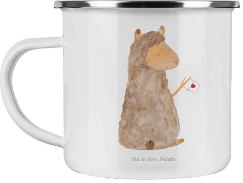 Mr. & Mrs. Panda Camping Emaille Tasse Alpaka Fahne - Geschenk, Emaille Tassen, Blechtassen, Blechtasse, Lama, Outdoor Becher, Alpakas, Emaille