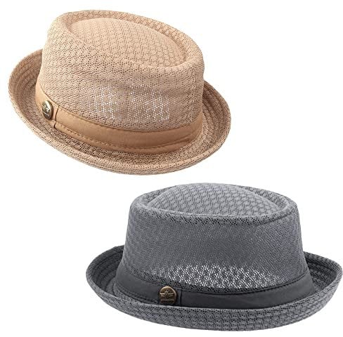 ZffXH Pork Pie Hut, 2pcs Porkpie Hut Herren Sommer, Khaki Und Grau Mesh Pork Pie Hut Cool Cooling Beach Party Cap Bootsfahrer Porkpie Breaking Bad Hat Kostüm Stroh, Fedora Panama Hut Herren Hat
