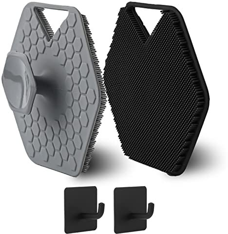 2pcs Silicone Body Scrub, Soft Silicone Massage Pad with 2 Hooks Wall Mounted Back Scrubber Foot Scrubber Body Cleansing Brush Easy Grip Brush for All Kinds of Skin (Grey, Black)